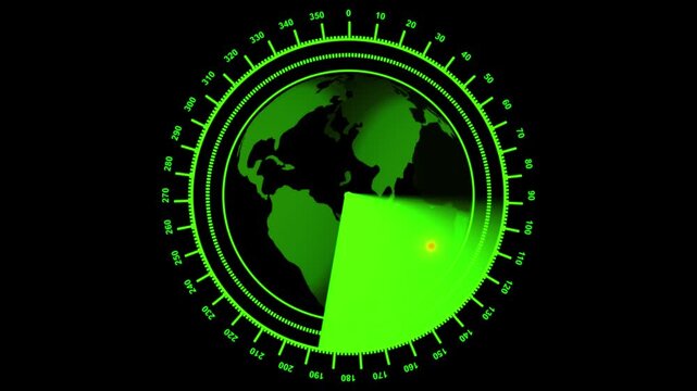Green Radar Screen With Earth Silhouette And Red Target Indicator display globe animation.Futuristic green radar scans Earth silhouette with red target indicator, great for digital mapping, tech demos - Powered by Adobe