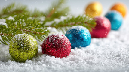 Colorful Christmas ornaments with glittery surfaces rest on snow, surrounded by green pine branches, creating festive and joyful holiday scene