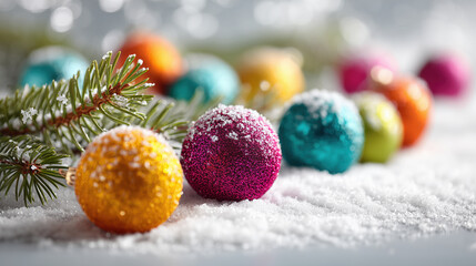 Colorful Christmas ornaments and pine branches rest on snowy surface, creating festive and cheerful holiday scene. vibrant baubles in various hues add touch of sparkle and joy