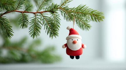 cute Santa Claus ornament hangs from green pine branch, creating festive and cheerful holiday atmosphere. soft focus background enhances charm of Christmas decoration