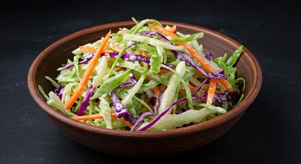 A vibrant and fresh cabbage salad, artfully arranged in a rustic bowl. Shredded green and purple cabbage, with colorful carrots and creamy dressing ,homemade ,fresh ,shredded