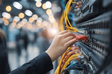 It technician connecting server network cable in data center