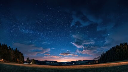 Panoramic Night Sky Above Field and Forest Illuminated by Stars