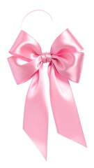 A pink satin bow with tails, isolated on white, softly reflecting light and shadows in its elegant folds