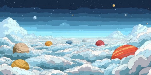 Pixelated Cloudscape with Planets and Celestial Bodies Under Starry Night Sky