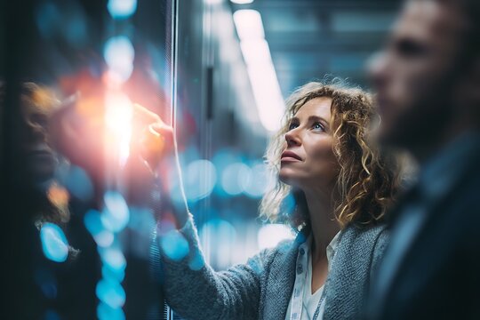 Woman working on server in data center