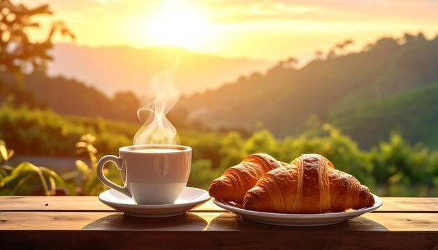 A picturesque morning scene with coffee, croissants on a wooden table, and a sunrise over rolling green hills