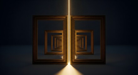 Two ornate gold picture frames create an infinite tunnel illuminated by a central vertical beam of golden light on a dark background.