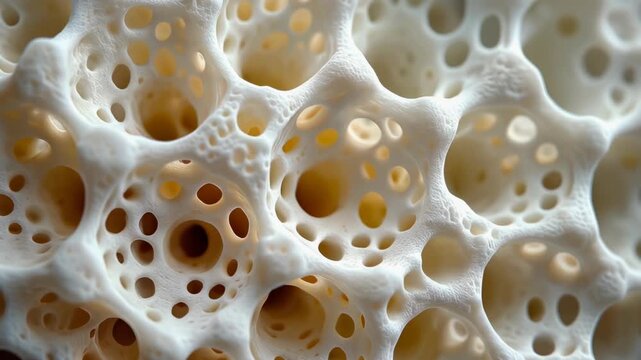 Microscopic view of porous spongy bone trabeculae with detailed structure
