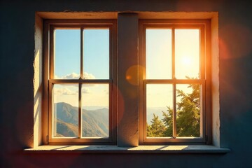 Fototapeta premium Two windows, one open, one closed, symbolizing collaboration and shared goals; sunlight streams through the open window, illuminating the scene , partnership, bright