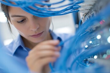 Woman it technician connecting network cable in server room