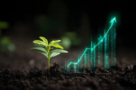 Growing Hope Green Sprout Emerging in Soil Against the Backdrop of an Upward Graph Symbolic of Economic Growth