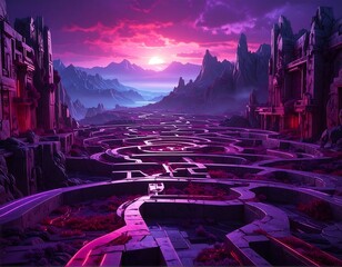 A pink-hued, futuristic maze winds through ruins towards mountains under a vibrant sunset sky