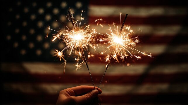 A hand holding two glowing bright burning sparklers against a defocused american flag background. - Powered by Adobe