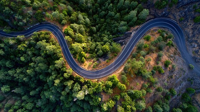 Aerial view of a winding asphalt road cutting through dense green forest mountain landscape.