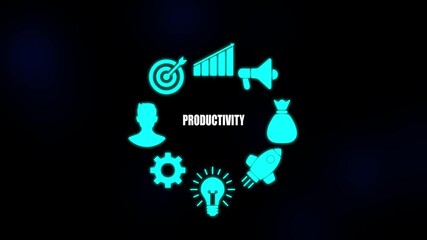 Cyan Icons Arranged in Circle Around The Word Productivity On Dark Blue Background With Subtle Light Effects