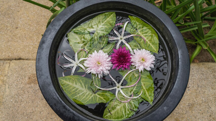 Bright flowers in a stone vase. Chrysanthemums and lilies, green leaves of tropical plants float in the water. Top view.  A fragment of the park's design. Mauritius.
