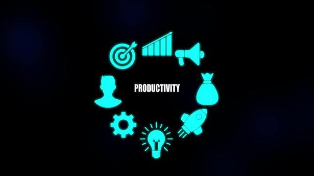 Cyan Icons Arranged in Circle Around The Word Productivity On Dark Blue Background With Subtle Light Effects