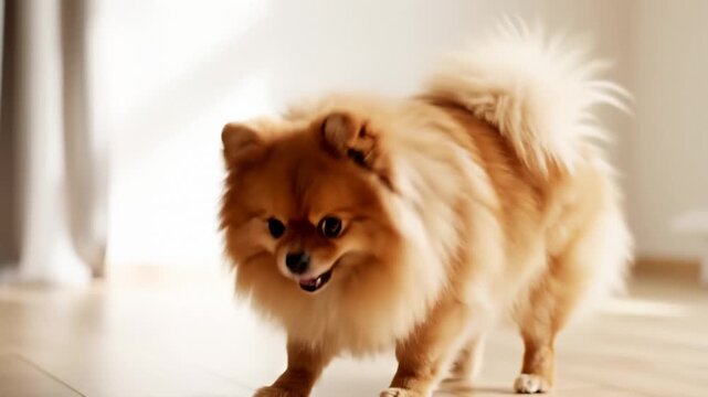 Cute Pomeranian Dog Standing Calmly on Wooden Floor, Indoors