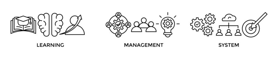 LMS banner web icon vector illustration concept for learning management system, educational courses, training and development programs with online learning, administration, growth, and automation icon