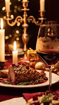 Elegant Christmas Dinner Table Setting with Festive Food and Wine.