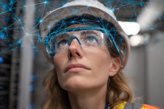 Female engineer experiencing augmented reality data network