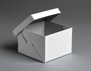 A plain white box with a partially open lid sits against a gray background, showcasing simple packaging design