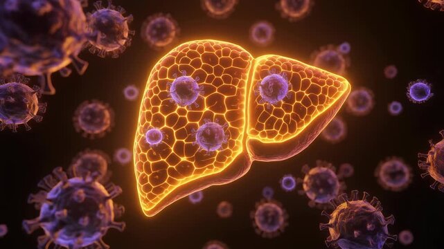 Microscopic view of liver sinusoids with Kupffer cells and viral particles