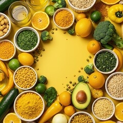 A vibrant assortment of yellow plant-based ingredients creating a wholesome and appealing meal, full of natural color and nutrition ,saffron ,yellow ,healthy