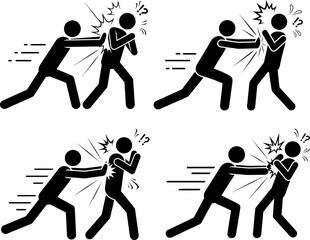 Men Fighting Punching Conflict Aggression Stick Figure Icon Set