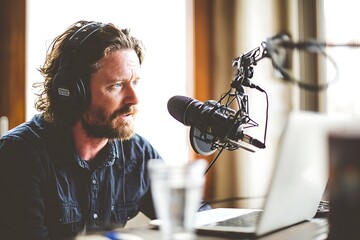 Man performing podcast recording wearing headphones