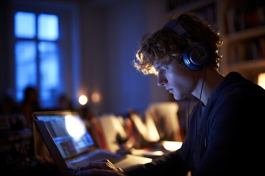 Young man concentrating typing on laptop at night