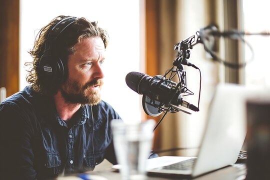 Man performing podcast recording wearing headphones