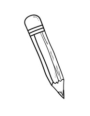 A hand-drawn, black and white image of a common pencil with an eraser on the top, facing diagonally