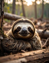 Naklejka premium A smiling sloth sits nestled on logs in a sunlit forest, looking directly at the viewer
