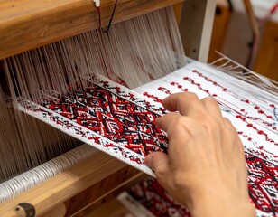 A hand weaves a red, black, and white patterned band on a wooden loom, showing detailed textile craft