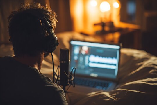 Person creating podcast audio content with laptop and microphone
