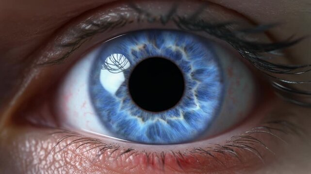 Close-up animation of a blue human eye iris sphincter muscle contracting