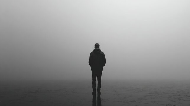 A solitary figure in a hooded jacket standing in thick fog creating an atmosphere of isolation.