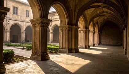 A stone corridor with arches opens to a garden courtyard, bathed in sunlight, creating intricate shadow patterns