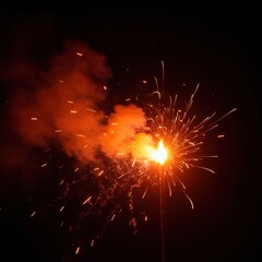 A vibrant burst of orange and red sparks erupts from a firecracker flare, illuminating the dark night with festive light and energetic motion ,dramatic effect ,bright light ,abstract