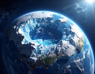 A planetary view reveals a deeply gouged, icy area on the blue planet, illuminated by a bright sun