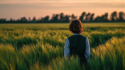 Child standing alone in a green rye field at golden hour sunset looking towards the horizon