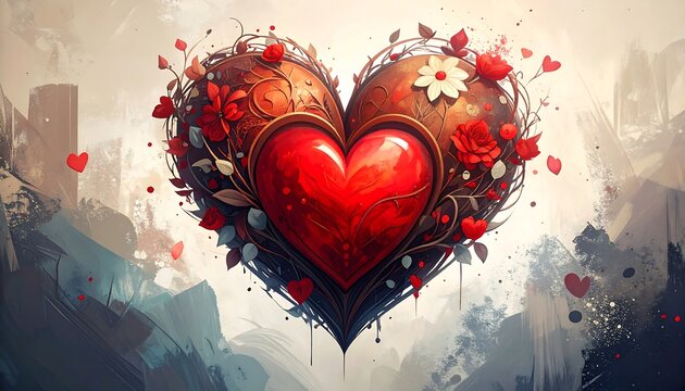 A large red heart embellished with flowers and vines against an abstract painterly background of browns and grays - Powered by Adobe