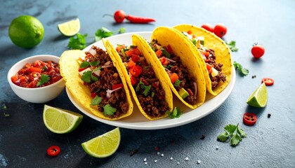 A plate of four tacos filled with meat and vegetables, with lime and salsa beside them on a bluish surface