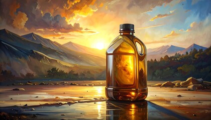 A plastic jug reflects a vibrant sunset over a mountainous landscape, evoking a sense of tranquility