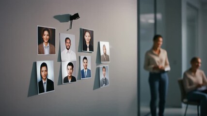 A security camera mounted on a wall overlooks a display of diverse professional headshots, with blurred figures in an office background. - Powered by Adobe