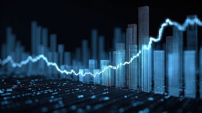 Digital 3d bar chart display with line graph showing finance data volatility and trend analysis.