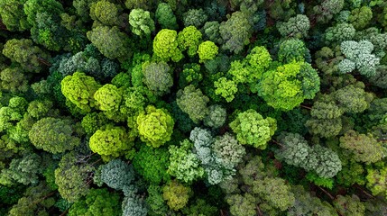 Naklejka premium Dense tropical rainforest canopy aerial view showcasing vivid green foliage and textures
