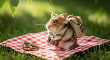 Adorable hamster photographer on a picnic blanket enjoying the great outdoors